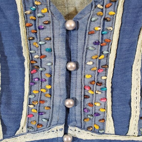 Freda Five Beaded Stretch Denim Boho Art to Wear Distressed Jacket - Picture 8 of 10